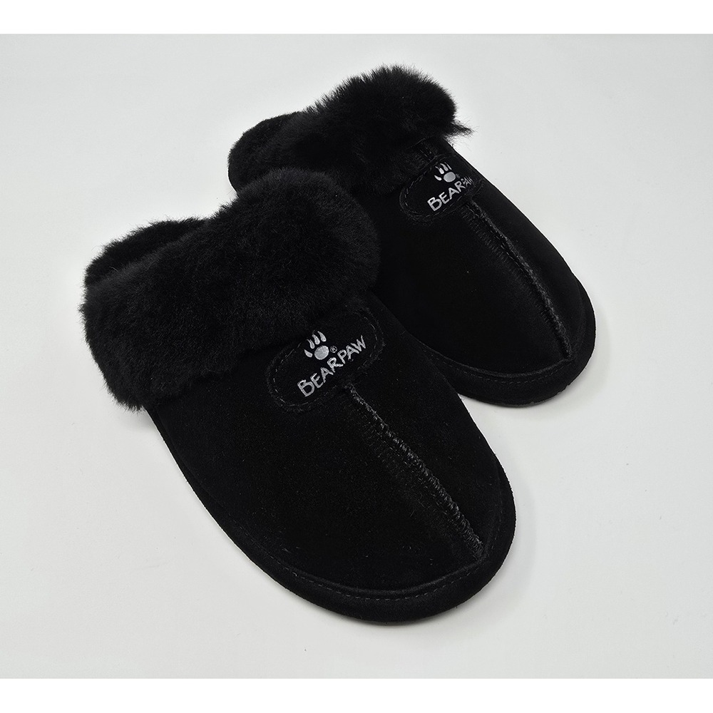 Bearpaw Loki Black Suede Sheepskin Fur Lined Scuff Slippers Womens Size 6